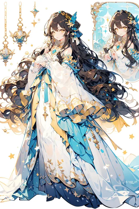 (masterpiece:1.2), best quality,PIXIV,
1girl, long hair, dress, solo, white background, very long hair, star (symbol), simple background, full body, white dress, standing, holding, brown hair, hair ornament, long sleeves, wavy hair, bangs, brown eyes, detached sleeves, looking at viewer, sleeves past wrists, jewelry, yellow eyes
 <lora:fairy tale girl_20230711162639:1>