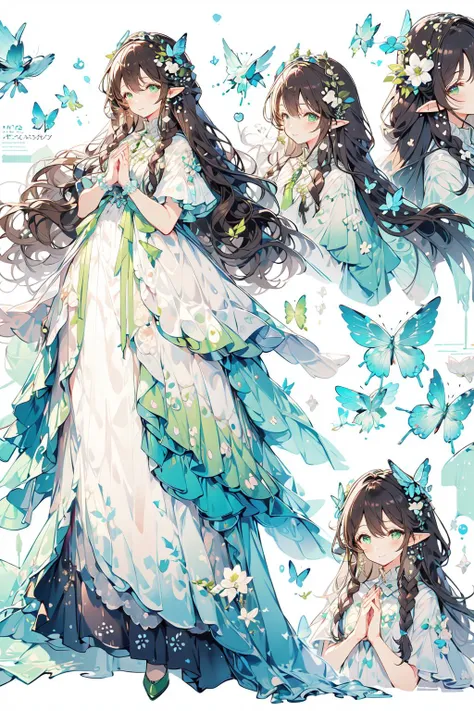 (masterpiece:1.2), best quality,PIXIV,
1girl, pointy ears, green eyes, braid, bug, long hair, butterfly, flower, dress, blush, white background, twin braids, own hands together, hair ornament, bangs, brown hair, looking at viewer, white dress, simple background, standing, multiple views, white flower, short sleeves, fairy, full body, closed mouth, bottle, shoes, green footwear
 <lora:fairy tale girl_20230711162639:1>