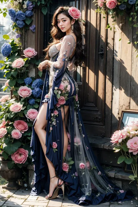 Full body, adult, 18 years old, young woman, very attractive body outline, hight hips (colorful
branches/ flowers are beautifully painted on the dress), reflective dress woven with silk thread ( all contricate work, very intricate HD HD 16k (cartoon anime)