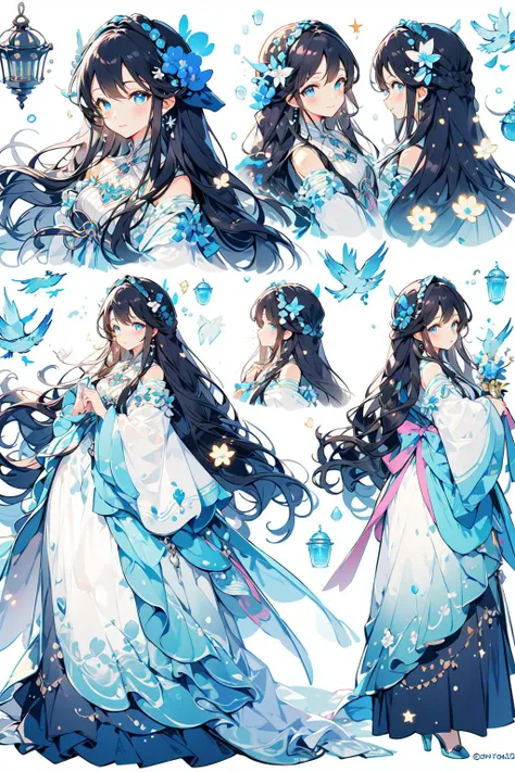 (masterpiece:1.2), best quality,PIXIV,
1girl, long hair, dress, black hair, blue eyes, multiple views, holding, looking at viewer, flower, blush, star (symbol), white background, long sleeves, jewelry, simple background, bow, lantern, wide sleeves, blue dress, holding flower, earrings, hair ornament, bangs, standing, from side, full body, closed mouth, wavy hair
<lora:fairy tale girl_20230711162639:1>