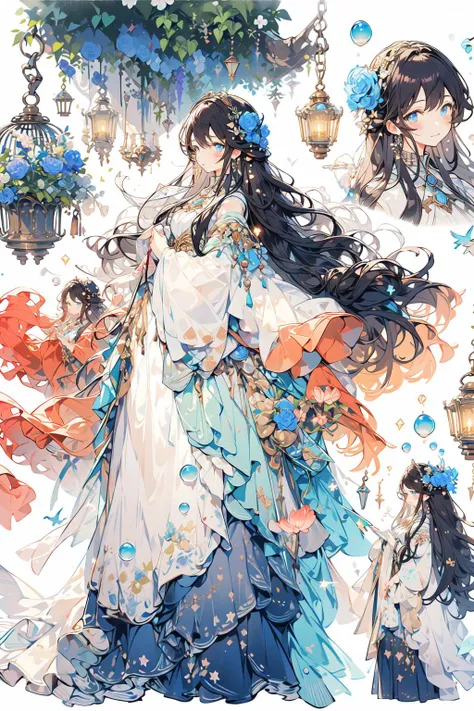 (masterpiece:1.2), best quality,PIXIV,
1girl, long hair, dress, black hair, blue eyes, multiple views, holding, looking at viewer, flower, blush, star (symbol), white background, long sleeves, jewelry, simple background, bow, lantern, wide sleeves, blue dress, holding flower, earrings, hair ornament, bangs, standing, from side, full body, closed mouth, wavy hair
 <lora:fairy tale girl_20230711162639:1>