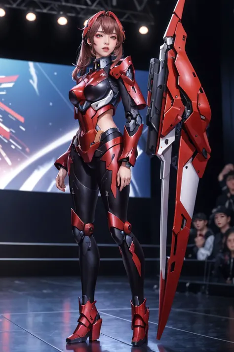 A woman resembling Chinese model Jiu Shi Azhua, dressed in a red and black mecha, background a technological city, shorth hair, various poses, model sheet