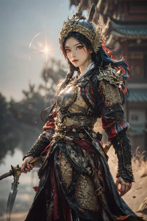 (Highest picture quality), (ultra-detailed), (sharp focus), (close-up), (depth of field), RAW, realistic, (colorful, vivid colors), (masterpiece), (best quality), photorealistic, (absurdres), (highres), (intricate details), (maximum details), (delicate), BREAK, (1girl), solo, looking at viewer, 20 years old, (face focus, eye focus, beautiful detailed body, beautiful detailed clothes, detailed eyes, beautiful face, detailed eyelash, detailed skin, detailed face, detailed intricate iris, nice hands, perfect hands, perfect anatomy, detailed anatomy, human anatomy, golden ratio:1.3), (hand of Guido Daniele:1.4), BREAK, (beautiful detailed glow), (cinematic lighting:1.2), (rim lighting:1.3), (two tone lighting:1.3), (reflection, refraction:1.3), (Rembrandt lighting:1.4), (glamour photography, cinematic, film grai, anime aesthetic:1.1), (best illustration), (diffused lighting), (lens flare:1.3), light particles, backlighting, diffraction spikes, iridescent light, bloom, clean, (dynamic lighting:1.2), ray tracing, volumetric lighting, dramatic lighting, BREAK, Chinese_armor, (a 20 year old chinese girl, Women's armor:1.5), shoulder_armor, (helmet:1.6), Ancient Chinese Mountain Pattern Armor, standing, (Holding weapon, polearm, spear, Holding a long handled battle axe in one hand, With a sword hanging from his waist:1.4), (Running warhorse, Riding a warhorse:1.5), siege, castle walls, battlefield, evening, cloudy, (blush, blue eyes), (light blue hair, long hair, straight hair:1.4), high detailed background, (outdoors, from front, cowboy_shot:1.5), Perspective, determined, intense expression, dominant, powerful aura, smug expression, confident, arrogant, (dynamic action, Dynamic Pose, motion blurry:1.3), (Dynamic Angle:1.3), (blurry, blurry foreground, blurry background), (thin, narrow waist, large breasts:1.2), BREAK, <lora:GoodHands-beta2:1>, <lora:add_detail:1>, <lora:egyiren-v1:0.4>, egyiren, <lora:makina69_winter_v2.0.Ã1:0.3>, <lora:leosamsFilmgirlUltra_velvia30Lora:0.3>, <lora:Qigeä¸å½ç²è-æ-å±±æç²ï¼Ming,Mountain Pattern Armorï¼:0.85>, <lora:epi_noiseoffset2:1>