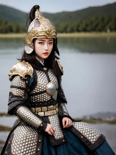 Chinese_armor,a 25 year old chinese girl,Women's armor,solo,shoulder_armor,helmet,blue_sky,detailed_eyes,looking at viewer,outdoors,black hair,masterpiece, best quality, perfect eyes, perfect face, perfect lighting, 8K,perfect anatomy, <lora:Qigeä¸å½ç²è-æ-å±±æç²ï¼Ming,Mountain Pattern Armorï¼v1.0:0.75>