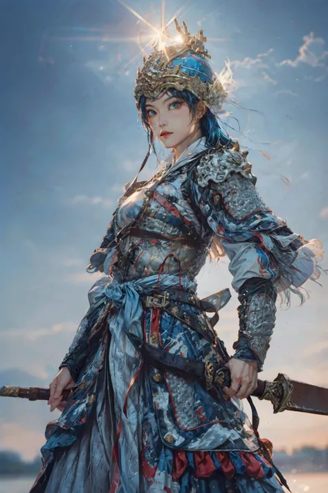 (Highest picture quality), (ultra-detailed), (sharp focus), (close-up), (depth of field), RAW, realistic, (colorful, vivid colors), (masterpiece), (best quality), photorealistic, (absurdres), (highres), (intricate details), (maximum details), (delicate), BREAK, (1girl), solo, looking at viewer, 20 years old, (face focus, eye focus, beautiful detailed body, beautiful detailed clothes, detailed eyes, beautiful face, detailed eyelash, detailed skin, detailed face, detailed intricate iris, nice hands, perfect hands, perfect anatomy, detailed anatomy, human anatomy, golden ratio:1.3), (hand of Guido Daniele:1.4), BREAK, (beautiful detailed glow), (cinematic lighting:1.2), (rim lighting:1.3), (two tone lighting:1.3), (reflection, refraction:1.3), (Rembrandt lighting:1.4), (glamour photography, cinematic, film grai, anime aesthetic:1.1), (best illustration), (diffused lighting), (lens flare:1.3), light particles, backlighting, diffraction spikes, iridescent light, bloom, clean, (dynamic lighting:1.2), ray tracing, volumetric lighting, dramatic lighting, BREAK, Chinese_armor, (a 20 year old chinese girl, Women's armor:1.5), shoulder_armor, (helmet:1.6), Ancient Chinese Mountain Pattern Armor, standing, (Holding weapon, polearm, spear, Holding a long handled battle axe in one hand, With a sword hanging from his waist:1.4), (Running warhorse, Riding a warhorse:1.5), siege, castle walls, battlefield, evening, cloudy, (blush, blue eyes), (light blue hair, long hair, straight hair:1.4), high detailed background, (outdoors, from front, cowboy_shot:1.5), Perspective, determined, intense expression, dominant, powerful aura, smug expression, confident, arrogant, (dynamic action, Dynamic Pose, motion blurry:1.3), (Dynamic Angle:1.3), (blurry, blurry foreground, blurry background), (thin, narrow waist, large breasts:1.2), BREAK, <lora:GoodHands-beta2:1>, <lora:add_detail:1>, <lora:egyiren-v1:0.4>, egyiren, <lora:makina69_winter_v2.0.Ã1:0.3>, <lora:leosamsFilmgirlUltra_velvia30Lora:0.3>, <lora:Qigeä¸å½ç²è-æ-å±±æç²ï¼Ming,Mountain Pattern Armorï¼:0.85>, <lora:epi_noiseoffset2:1>