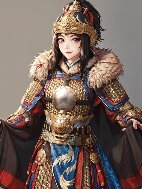 Chinese_armor,a 25 year old chinese girl,Women's armor,solo,shoulder_armor,helmet,blue_sky,Fur,fur trim,Fur waist protection,detailed_eyes,looking at viewer,smiling,night,black hair,masterpiece, best quality, perfect eyes, perfect face, perfect lighting, 8K,perfect anatomy,   <lora:ä¸­å½ç²è-æ-å±±æç²ï¼Chinese_armor,Ming,Mountain Pattern Armorï¼v1.0:0.7>