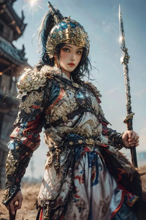 (Highest picture quality), (ultra-detailed), (sharp focus), (close-up), (depth of field), RAW, realistic, (colorful, vivid colors), (masterpiece), (best quality), photorealistic, (absurdres), (highres), (intricate details), (maximum details), (delicate), BREAK, (1girl), solo, looking at viewer, 20 years old, (face focus, eye focus, beautiful detailed body, beautiful detailed clothes, detailed eyes, beautiful face, detailed eyelash, detailed skin, detailed face, detailed intricate iris, nice hands, perfect hands, perfect anatomy, detailed anatomy, human anatomy, golden ratio:1.3), (hand of Guido Daniele:1.4), BREAK, (beautiful detailed glow), (cinematic lighting:1.2), (rim lighting:1.3), (two tone lighting:1.3), (reflection, refraction:1.3), (Rembrandt lighting:1.4), (glamour photography, cinematic, film grai, anime aesthetic:1.1), (best illustration), (diffused lighting), (lens flare:1.3), light particles, backlighting, diffraction spikes, iridescent light, bloom, clean, (dynamic lighting:1.2), ray tracing, volumetric lighting, dramatic lighting, BREAK, Chinese_armor, (a 20 year old chinese girl, Women's armor:1.5), shoulder_armor, (helmet:1.6), Ancient Chinese Mountain Pattern Armor, standing, (Holding weapon, polearm, spear, Holding a long handled battle axe in one hand, With a sword hanging from his waist:1.4), (Running warhorse, Riding a warhorse:1.5), siege, castle walls, battlefield, evening, cloudy, (blush, blue eyes), (light blue hair, long hair, straight hair:1.4), high detailed background, (outdoors, from front, cowboy_shot:1.5), Perspective, determined, intense expression, dominant, powerful aura, smug expression, confident, arrogant, (dynamic action, Dynamic Pose, motion blurry:1.3), (Dynamic Angle:1.3), (blurry, blurry foreground, blurry background), (thin, narrow waist, large breasts:1.2), BREAK, <lora:GoodHands-beta2:1>, <lora:add_detail:1>, <lora:egyiren-v1:0.4>, egyiren, <lora:makina69_winter_v2.0.Ã1:0.3>, <lora:leosamsFilmgirlUltra_velvia30Lora:0.3>, <lora:Qigeä¸å½ç²è-æ-å±±æç²ï¼Ming,Mountain Pattern Armorï¼:0.85>, <lora:epi_noiseoffset2:1>
