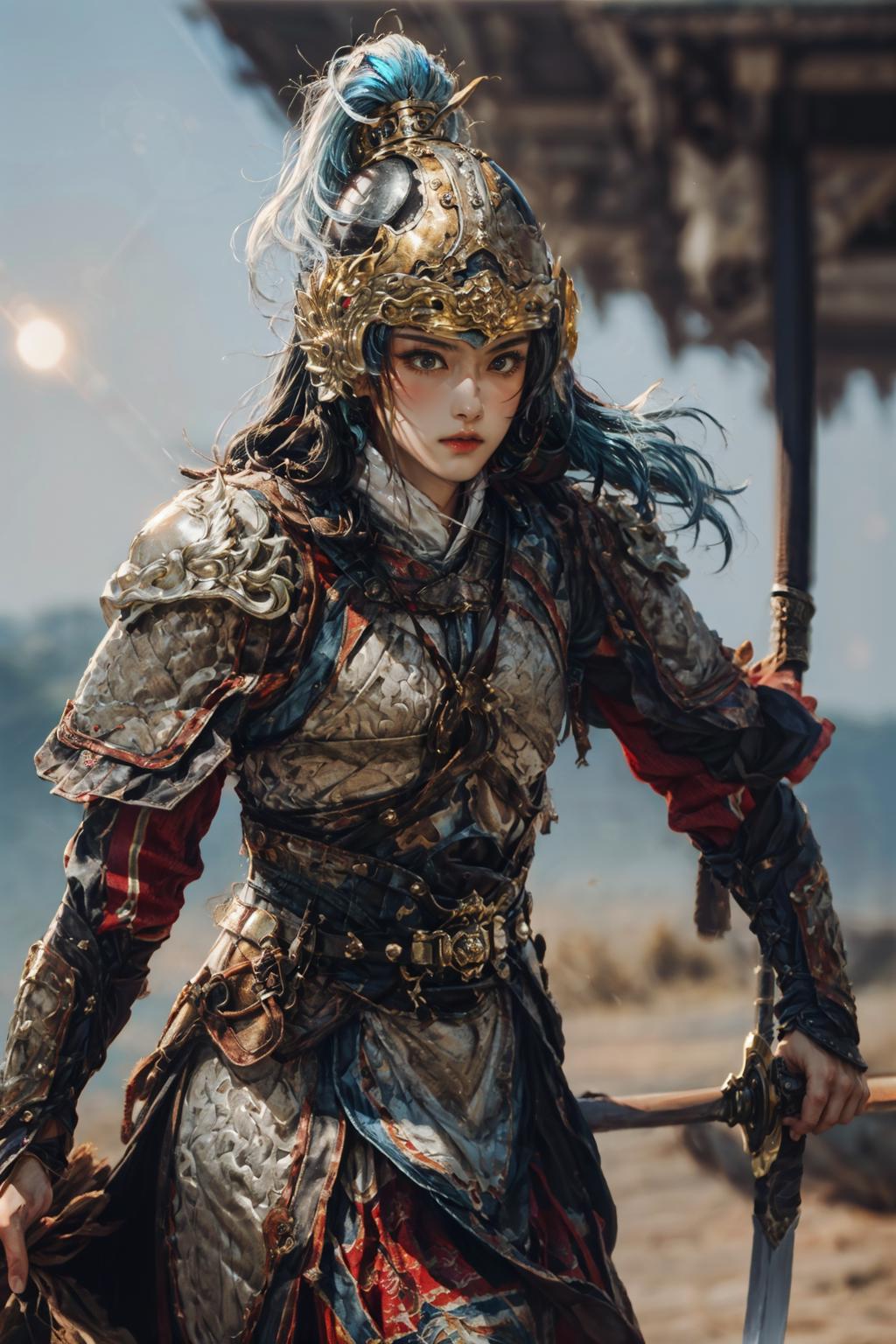 A woman in armor holding a sword and a sword - SeaArt AI