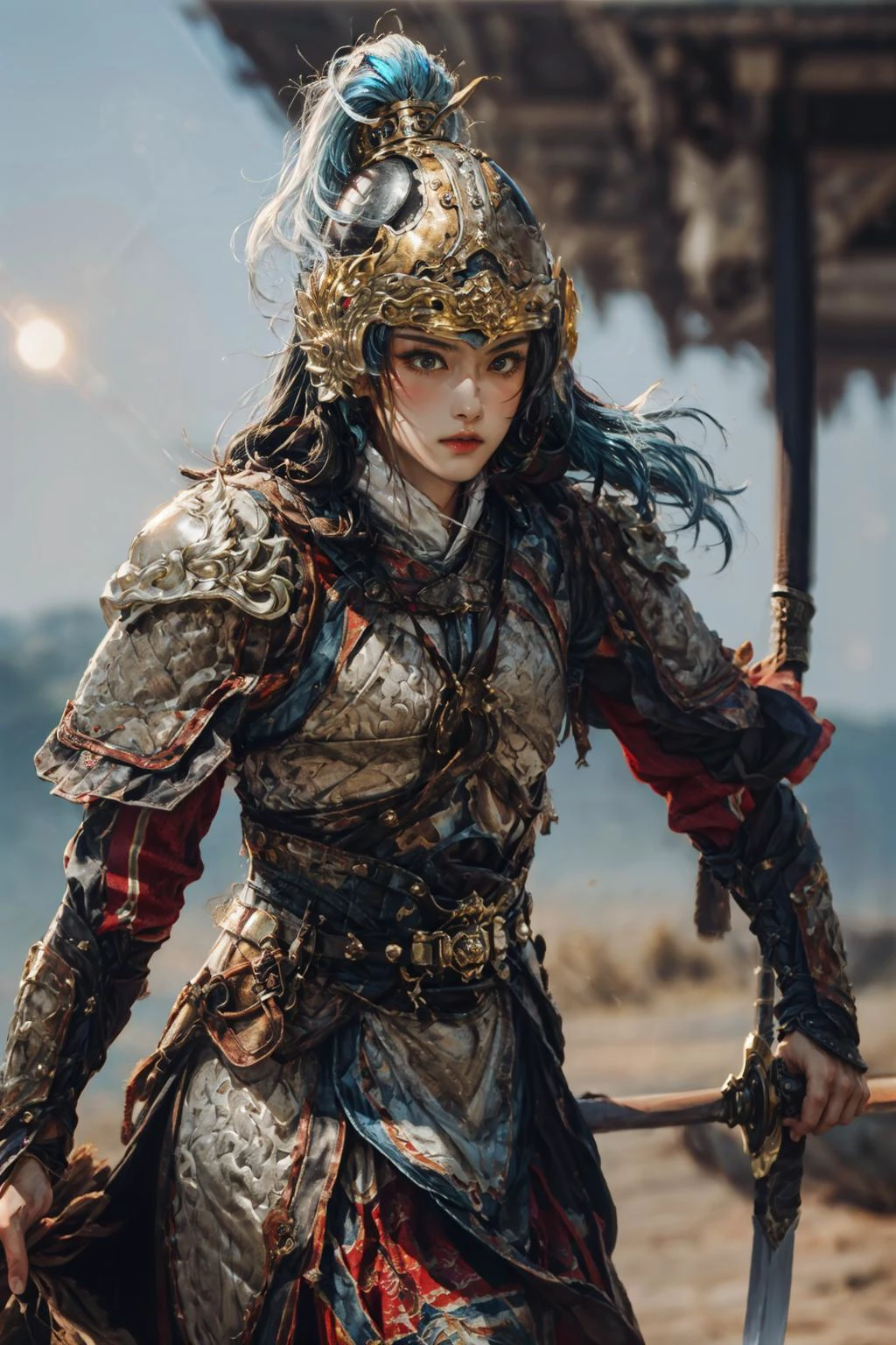 (Highest picture quality), (ultra-detailed), (sharp focus), (close-up), (depth of field), RAW, realistic, (colorful, vivid colors), (masterpiece), (best quality), photorealistic, (absurdres), (highres), (intricate details), (maximum details), (delicate), BREAK, (1girl), solo, looking at viewer, 20 years old, (face focus, eye focus, beautiful detailed body, beautiful detailed clothes, detailed eyes, beautiful face, detailed eyelash, detailed skin, detailed face, detailed intricate iris, nice hands, perfect hands, perfect anatomy, detailed anatomy, human anatomy, golden ratio:1.3), (hand of Guido Daniele:1.4), BREAK, (beautiful detailed glow), (cinematic lighting:1.2), (rim lighting:1.3), (two tone lighting:1.3), (reflection, refraction:1.3), (Rembrandt lighting:1.4), (glamour photography, cinematic, film grai, anime aesthetic:1.1), (best illustration), (diffused lighting), (lens flare:1.3), light particles, backlighting, diffraction spikes, iridescent light, bloom, clean, (dynamic lighting:1.2), ray tracing, volumetric lighting, dramatic lighting, BREAK, Chinese_armor, (a 20 year old chinese girl, Women's armor:1.5), shoulder_armor, (helmet:1.6), Ancient Chinese Mountain Pattern Armor, standing, (Holding weapon, polearm, spear, Holding a long handled battle axe in one hand, With a sword hanging from his waist:1.4), (Running warhorse, Riding a warhorse:1.5), siege, castle walls, battlefield, evening, cloudy, (blush, blue eyes), (light blue hair, long hair, straight hair:1.4), high detailed background, (outdoors, from front, cowboy_shot:1.5), Perspective, determined, intense expression, dominant, powerful aura, smug expression, confident, arrogant, (dynamic action, Dynamic Pose, motion blurry:1.3), (Dynamic Angle:1.3), (blurry, blurry foreground, blurry background), (thin, narrow waist, large breasts:1.2), BREAK, <lora:GoodHands-beta2:1>, <lora:add_detail:1>, <lora:egyiren-v1:0.4>, egyiren, <lora:makina69_winter_v2.0.Ã1:0.3>, <lora:leosamsFilmgirlUltra_velvia30Lora:0.3>, <lora:Qigeä¸å½ç²è-æ-å±±æç²ï¼Ming,Mountain Pattern Armorï¼:0.85>, <lora:epi_noiseoffset2:1>