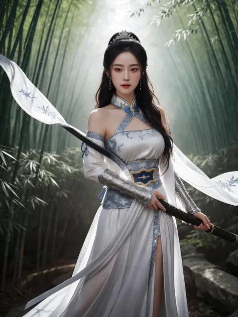 masterpiece, best quality, 32k uhd, Epic CG masterpiece, hdr,dtm, full ha,8K, ultra detailed graphic tension, dynamic poses, stunning colors, A 27 year old girl, cold, Hair accessories,delicate and flawless face, long black hair flowing , plump, symmetrical and beautiful,A sexy starry flowing gauze skirt with half exposed breasts, sleeves fluttering like snow,silver frost sword decoration hanging at the waist, holding Ancient Chinese sword),In the bamboo forest, <lora:ãéå¤§æ´æ°ã绪å¿-æ¦ä¾ _V3:0.4>, <lora:Qigeä¸å½ç²è-æ-å±±æç²_v1.0:0.35>,Chinese_armor,upper_body,The clothes are exquisitely embroidered