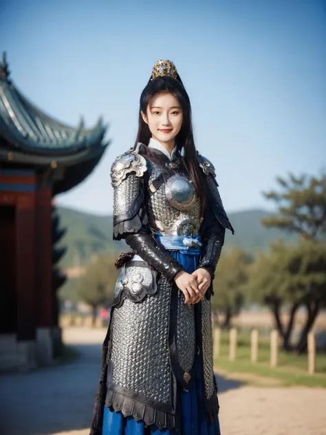 black Chinese_armor,a 21 year old chinese girl,Women's armor,solo,shoulder_armor,Fur,Background of ancient Chinese cities,blue_sky,detailed_eyes,looking at viewer,smiling,upper_body,masterpiece, best quality,perfect eyes, perfect face, perfect lighting, 8K,perfect anatomy, <lora:Qigeä¸å½ç²è-æ-å±±æç²_v1.0:0.65>