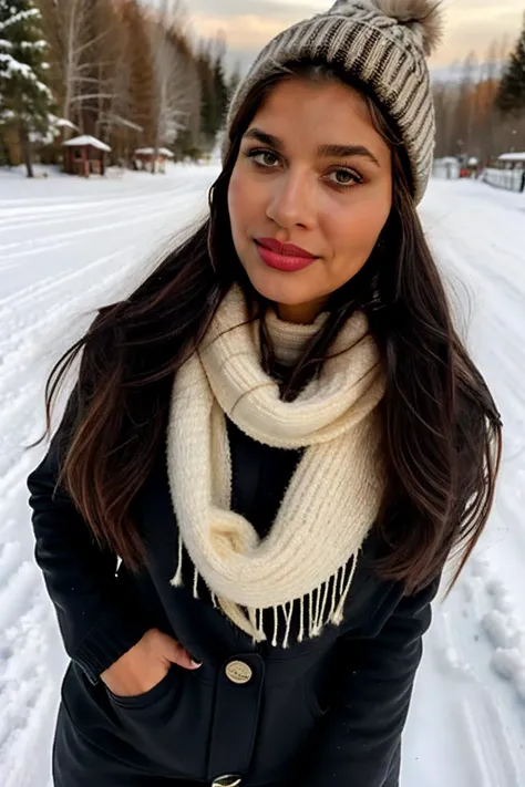 head shot, <lora:diosaany3.0:0.8>, black hair, long hair, realistic photo of a woman, wearing a large coat, wearing a turtleneck sweater, wearing a scarf, wearing a beenie, wearing ski pants, wearing ski boots, within Civitai TOS rules, within Civitai TOS guidelines, content that will not be deleted for breaking Civitai TOS, nothing sus, super G rated