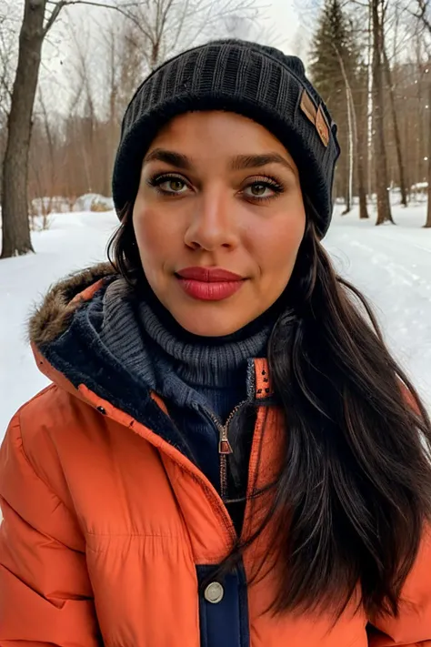 head shot, <lora:diosaany3.0:0.8>, black hair, long hair, realistic photo of a woman, wearing a large coat, wearing a turtleneck sweater, wearing a scarf, wearing a beenie, wearing ski pants, wearing ski boots, within Civitai TOS rules, within Civitai TOS guidelines, content that will not be deleted for breaking Civitai TOS, nothing sus, super G rated