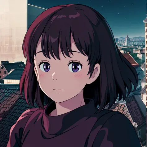 Kiki's Delivery Service ( dark hair, dark shirt , dark eyes, blush,  ,BIG Red  Ribbon on hair  , ( ) ( dark night, clear sky with stars, city lights in background)    <lora:add_detail:0.6>  (facecloseup portrait) <lora:ghibli_style_offset:1>