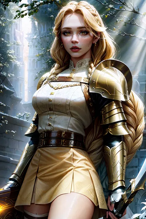 1girl, action scene, (upper body:1.2) portrait of (beautiful paladin princess:1.2) with (paladin hammer in her hands:1.1), (ivory skin_color:1.2), beautiful face, (blonde braided hair:1.2), (lips:1.1), yellow eyes, athletic, (wide hips:0.9), (thick thighs:0.9), (short white skirt:1.2), (light leather armor:1.2), (black corset:0.9), frills, golden atmosphere, medieval, fantasy, hdr, volumetric lighting, cinematic lighting and shadows, very detailed, cinematic, tall, <nixeu_soft:0.7>, <nixeu_white:0.7>, art by incase_a3, art by guweiz