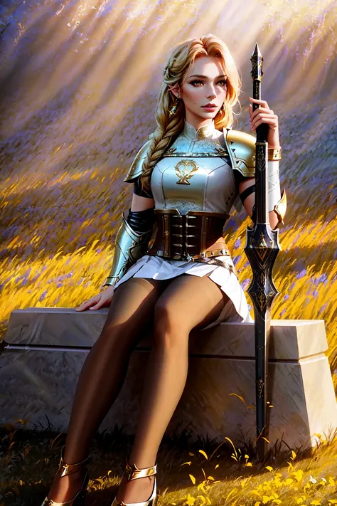 1girl, action scene, (full body:1.2) portrait of (beautiful paladin princess:1.2) with (paladin hammer in her hands:1.1), (ivory skin_color:1.2), beautiful face, (blonde braided hair:1.2), (lips:1.1), yellow eyes, athletic, (wide hips:0.9), (thick thighs:0.9), (short white skirt:1.2), (light leather armor:1.2), (black corset:0.9), frills, golden atmosphere, medieval, fantasy, hdr, volumetric lighting, cinematic lighting and shadows, very detailed, cinematic, tall, <nixeu_soft:0.7>, <nixeu_white:0.7>, art by incase_a3, art by guweiz