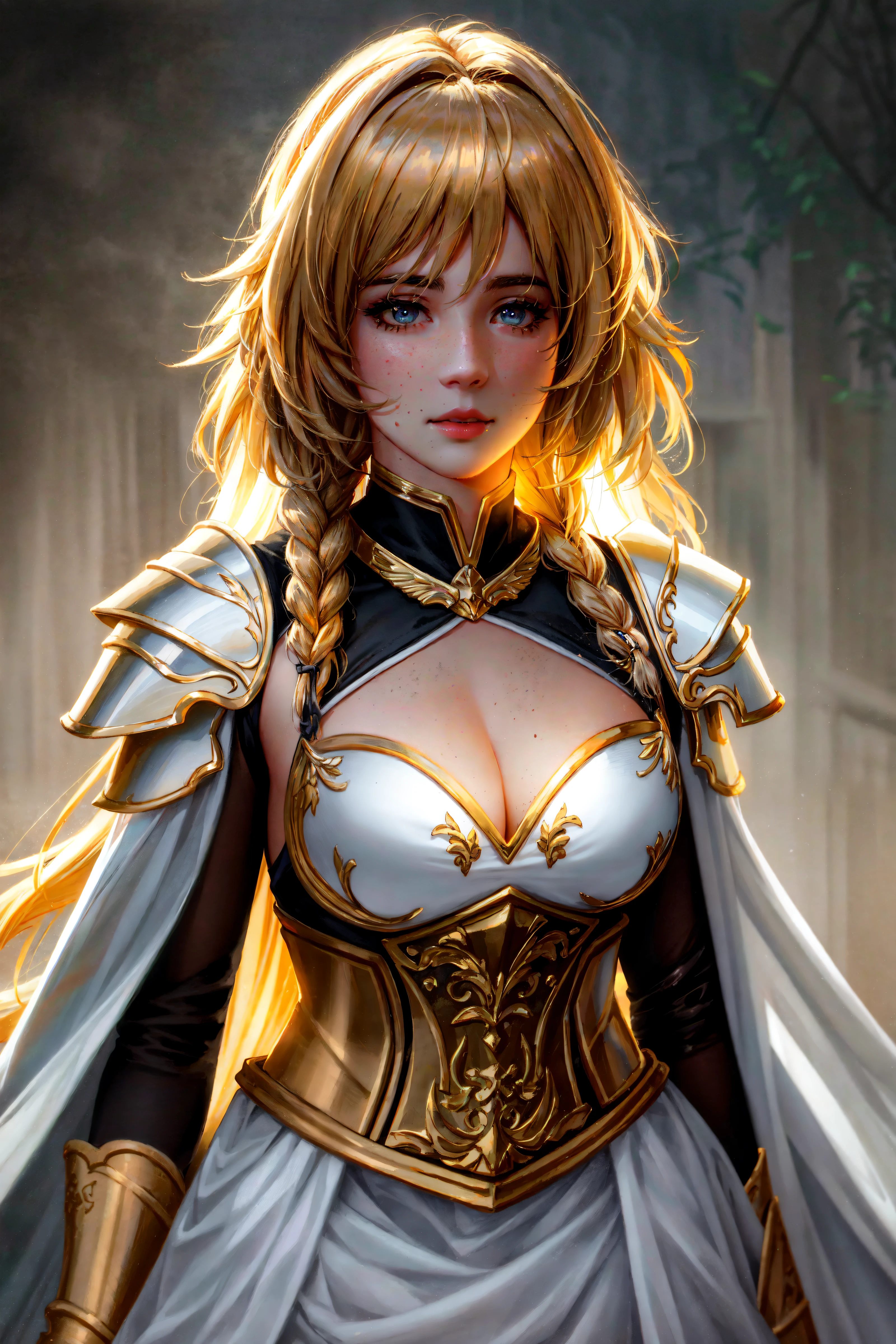 1girl, dynamic action scene, (beautiful paladin princess:1.2) standing straight, (ivory skin_color:1.2), beautiful face, (blonde braided hair:1.2), (lips:1.1), yellow eyes, athletic, (wide hips:0.9), (thick thighs:0.9), (white skirt:1.2), (light golden armor, pauldrons:1.2), (black corset, gorget:1.1), frills, golden atmosphere, medieval, fantasy, bright rim light, radiant colors, volumetric lighting, cinematic lighting and shadows, very detailed, cinematic, tall, <nixeu_extra>, <nixeu_white>
cowboy shot, contrapposto, looking at viewer, highres, superb, 8k wallpaper, extremely detailed, intricate, unreal engine 5, volumetric lighting, realistic, realistic lighting, cinematic, 4k, cinematic lighting, 8k, depth of field, 3d, masterpiece, perfect, award-winning, hyper-detailed, photorealistic, ultra realistic, realistic light, hard lighting, intricate details, stop motion, hyperfocus, tonemapping, sharp focus, hyper detailed, detailed eyes, eyes focus, (illustration:1.1), highres, (extremely detailed CG unity 8k wallpaper:1.1), (mid shot1.25), (portrait:1.25), (solo:1.2), 1girl, (beautiful face:1.15)