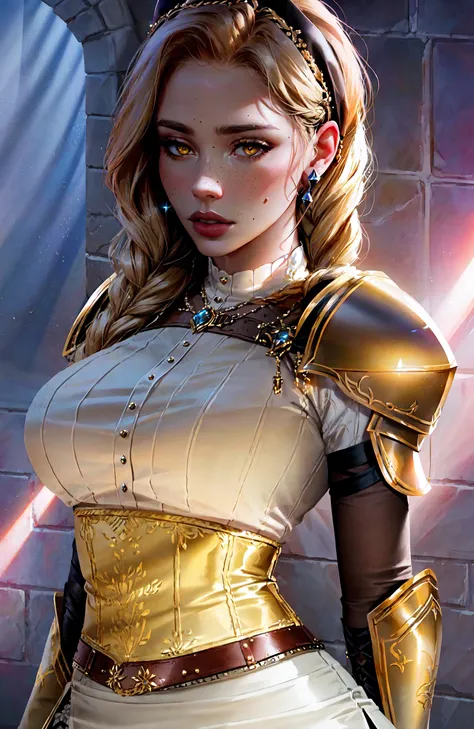 1girl, dark scene, front view, (upper body:1.2) portrait of (beautiful paladin princess:1.2) figths monster, (ivory skin_color:1.2), beautiful face, (blonde braided hair:1.2), (lips:1.1), yellow eyes, athletic, (wide hips:0.9), (thick thighs:0.9), (short white skirt:1.2), (light leather armor:1.2), (black corset:0.9), frills, golden atmosphere, medieval, fantasy, radiant colors, volumetric lighting, cinematic lighting and shadows, very detailed, cinematic, tall, nsfw, erotic, <nixeu_soft:0.7>, <nixeu_white:0.7>, art by incase_a3