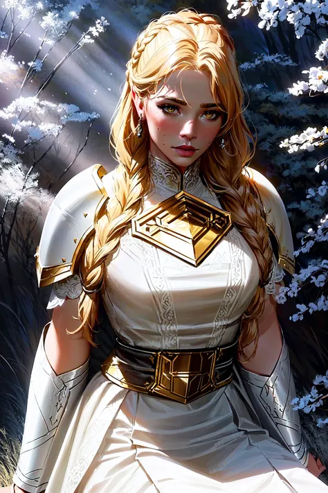 1girl, action scene, (upper body:1.2) portrait of (beautiful paladin princess:1.2) with (paladin shield in her right hand:1.1), (ivory skin_color:1.2), beautiful face, (blonde braided hair:1.2), (lips:1.1), yellow eyes, athletic, (wide hips:0.9), (thick thighs:0.9), (short white skirt:1.2), (light leather armor:1.2), (black corset:0.9), frills, golden atmosphere, medieval, fantasy, hdr, volumetric lighting, cinematic lighting and shadows, very detailed, cinematic, tall, <nixeu_soft:0.7>, <nixeu_white:0.7>, art by incase_a3, art by guweiz