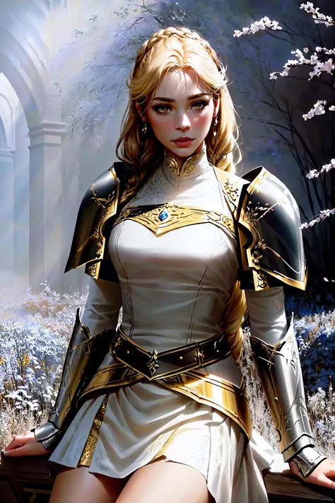 1girl, action scene, (upper body:1.2) portrait of (beautiful paladin princess:1.2) with (paladin shield in her right hand:1.1), (ivory skin_color:1.2), beautiful face, (blonde braided hair:1.2), (lips:1.1), yellow eyes, athletic, (wide hips:0.9), (thick thighs:0.9), (short white skirt:1.2), (light leather armor:1.2), (black corset:0.9), frills, golden atmosphere, medieval, fantasy, hdr, volumetric lighting, cinematic lighting and shadows, very detailed, cinematic, tall, <nixeu_soft:0.7>, <nixeu_white:0.7>, art by incase_a3, art by guweiz