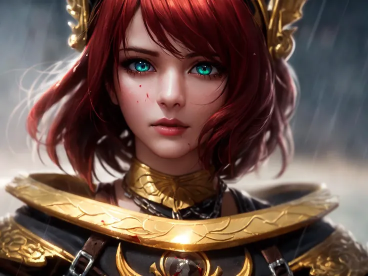 best quality, cinematic lighting, painting, fine art, 1girl, solo, rain, lips, red hair, armor, headpiece, looking at viewer, gauntlets, (blood:1.2), blurry, chain, upper body, nose, gloves, closed mouth, capelet, depth of field, short hair, armored dress, blood on face, glowing green eyes, blurry background

cowboy shot, contrapposto, looking at viewer, highres, superb, 8k wallpaper, extremely detailed, intricate, unreal engine 5, volumetric lighting, realistic, realistic lighting, cinematic, 4k, cinematic lighting, 8k, depth of field, 3d, masterpiece, perfect, award-winning, hyper-detailed, photorealistic, ultra realistic, realistic light, hard lighting, intricate details, stop motion, hyperfocus, tonemapping, sharp focus, hyper detailed, detailed eyes, eyes focus, (illustration:1.1), highres, (extremely detailed CG unity 8k wallpaper:1.1), (mid shot1.25), (portrait:1.25), (solo:1.2), 1girl, (beautiful face:1.15),

(nixeu_soft:0.7), (nixeu_white:0.7),