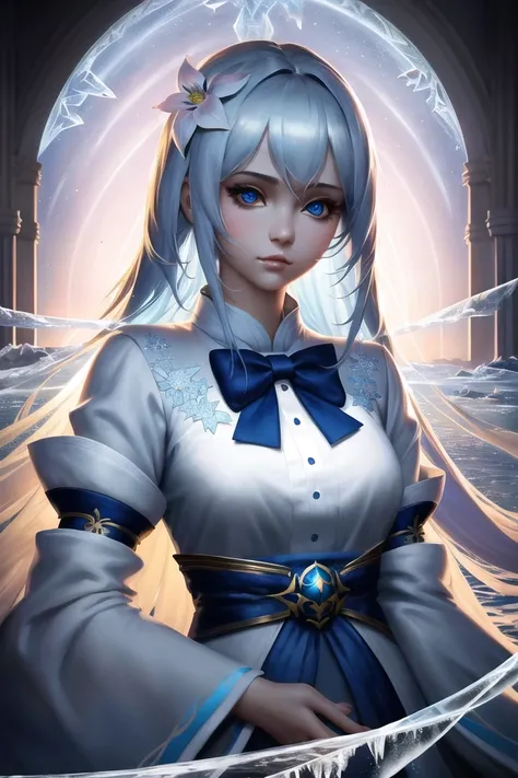 masterpiece, best quality, illustration, beautiful detailed girl, beautiful detailed glow, detailed ice, beautiful detailed water, beautiful detailed eyes, expressionless, floating palaces, azure hair, disheveled hair, long bangs, hairs between eyes, skyblue dress, black ribbon, white bowties, midriff, half closed eyes, big forhead, blank stare, flower, large top sleeves,guweiz,nixeu,wlop