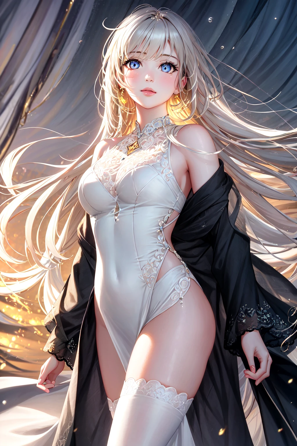 original, masterpiece,best quality, official art, (extremely detailed cg unity 8k wallpaper), (extremely fine and beautiful:1.2), (beautiful and clear background), strong rim light, cinematic lighting, golden light, in the wind, 1girl, (head tilted:1.4),((young girl)), (solo), (1girl:1.2), gracefully slender figure, aerial, (full body:1.3), feather, (beautiful detailed eyes:1.5), transparent, heart in eye, heart-shaped pupils, (beautiful detailed face:1.3), (reflective eyes:1.3), water eyes, drunk, light blush, (medium breast), (white clothes:1.2), (white silk stockings:1.3), (dry clothes:1.1), (lace:1.3), (see-through raincoat:1.2), (very long hair:1.3), (white hair), (messy hair:1.3), (in the air:1.1), (beautiful detailed sky), looking at viewer, highres, superb, 8k wallpaper, extremely detailed, intricate, (miwano-50000:0.8), unreal engine 5, volumetric lighting, realistic, realistic lighting, cinematic, 4k, cinematic lighting, 8k, depth of field, 3d, perfect, award-winning, hyper-detailed, photorealistic, ultra realistic, realistic light, hard lighting, intricate details, stop motion, hyperfocus, tonemapping, sharp focus, hyper detailed, detailed eyes, eyes focus, (illustration:1.1), highres, (extremely detailed CG unity 8k wallpaper:1.1), (beautiful face:1.15), (cowboy_shot:1.5), (nixeu_basic2:0.7), (nixeu_extra:0.7),(nixeu_soft:0.7), (glistening skin), (beautiful detailed clothes), (detailed light), shine, dramatic_shadow, ray_tracing, (cute_style), (line_style:0.7), (minimal_gradient:0.7), portrait, lens 135mm f1.8, ((azur_lane)), by karl kopinski, ((((by paul hedley)))), western artstyle, (the defeated angel knight), (bare shoulders), science fiction, highly detailed, cinematic lighting, dramatic angle, ((beautiful face)), posing, caustics, ((underboob)), ((detail face)), medium breasts, (cherry ass), booty, (lots_of_colorful_bubble), lots of highlight bubble, [pearl], [galaxy], depth of field, yoneyama_mai, little smile, bare feet,