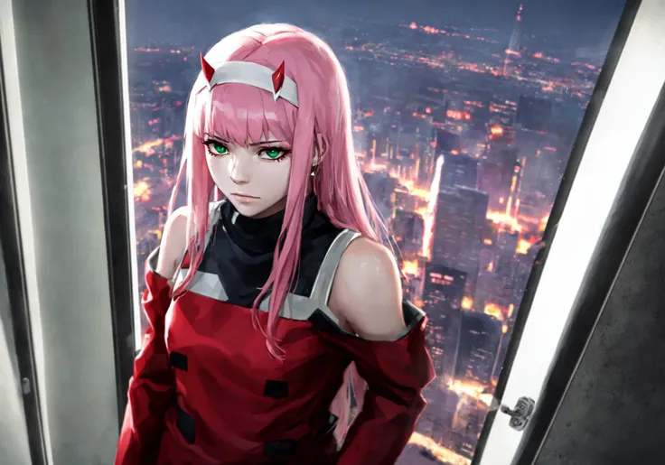 1girl, solo, zerotwoo, bare shoulders, white headband, red eyeliner, jewelry, ourdoors, blurry background, cowboy shot, skyscraper, from above,
wlop, guweiz, nixeu,
masterpiece, best quality, high quality, hyper realistic, intricate, volumetric lighting, dramatic lighting, cinematic lighting,