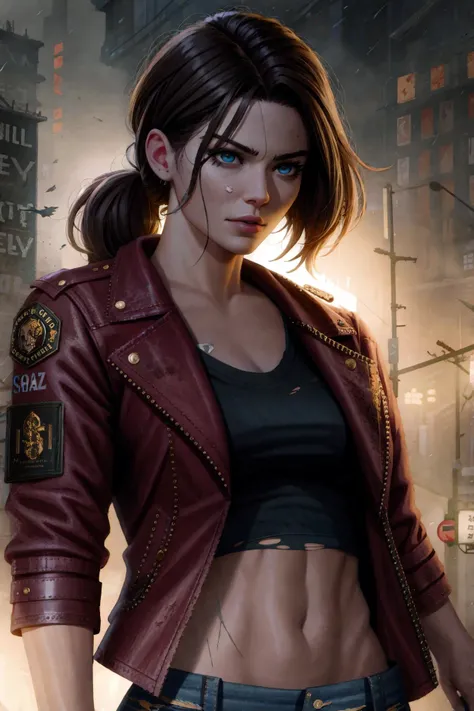 ((dark night scene)), best quality, 1girl, (upper body:1.2), digital illustration, shapely woman (beautiful Claire Redfield:1.3), (ragged and (torn black_jeans:1.2) and ragged and (torn red_leather_coat with torn black_shirt:1.2) and tactical gear:1.3), (dynamic pose), brown ponytail hair, (ivory skin_color:1.2), (deep blue eyes), (athletic:1.3), (wide hips:1.1), (thick thighs:1.1), (night zombie city in detailed background:1.3), dark aesthetic, (medium size boobs:0.8), heavy breathing, (angry smirk), (dense red atmosphere), (Resident Evil 2 Remake), film grain, lens distortion, (chromatic aberration), erotic, (muscular:0.7), (lips:1.1), <nixeu_soft:0.7>, <nixeu_white:0.7>, art by guweiz,

hdr, volumetric lighting, cinematic lighting and shadows, very detailed, cinematic, tall, intricate, unreal engine 5, realistic, realistic lighting, cinematic, 4k, depth of field, masterpiece, perfect, award-winning, hyper-detailed, photorealistic, ultra realistic, realistic light, hard lighting, intricate details, stop motion, hyperfocus, tonemapping, sharp focus, hyper detailed, (fog:0.7), a character portrait by senior character artist, trending on Artstation