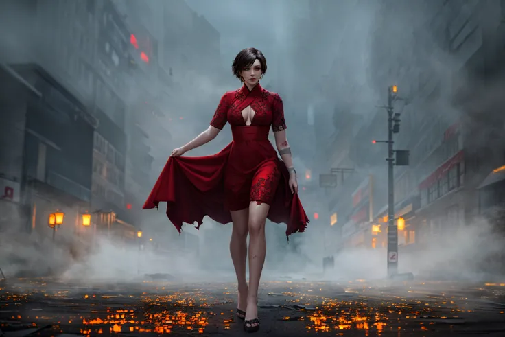 dark night scene, best quality, (full body:1.2), third-person shooter screenshot, beautiful shapely asian woman (Ada Wong), (ragged and damaged_red_dress:1.3), standing in the dark corner in dynamic pose, beautiful face with scratches, (zombie crowd), (bite marks on the skin:1.2), short black hair, (soft skin color), (deep green eyes), (athletic:1.3), (wide hips:1.1), (thick thighs:1.1), bandage on left leg, night zombie city in background, detailed background, fantasy, (nixeu_white:0.7), (nixeu_extra:0.7), dark aesthetic, (medium size boobs:0.8), heavy breathing, (tired), (horror atmosphere), (Resident Evil 2 Remake), film grain, lens distortion, (chromatic aberration),
intricate, unreal engine 5, volumetric lighting, realistic, realistic lighting, cinematic, 4k, cinematic lighting, depth of field, masterpiece, perfect, award-winning, hyper-detailed, photorealistic, ultra realistic, realistic light, hard lighting, intricate details, stop motion, hyperfocus, tonemapping, sharp focus, hyper detailed, (fog:0.9)