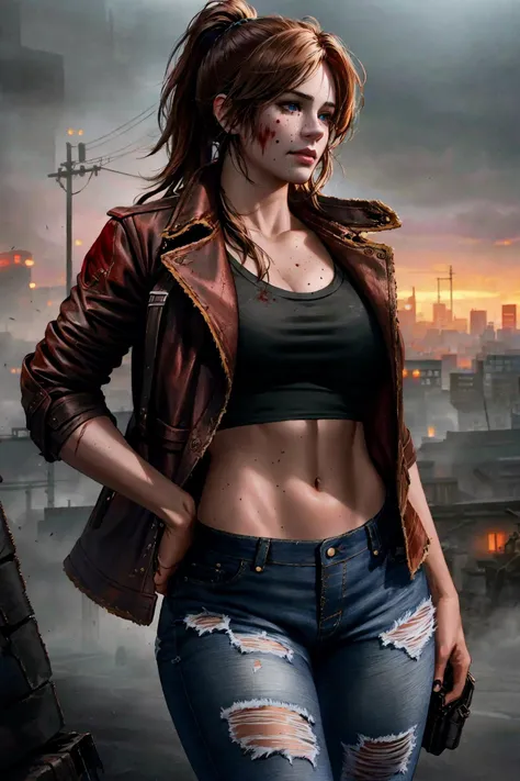 ((dark night scene)), best quality, 1girl, (upper body:1.2), digital illustration, shapely woman (beautiful Claire Redfield:1.3), (ragged and (torn black_jeans:1.2) and ragged and (torn red_leather_coat with torn black_shirt:1.2) and tactical gear:1.3), (dynamic pose), brown ponytail hair, (beautiful face with scratches), (zombie crowd around her), (bloodstains and bite marks on her skin:1.2), (ivory skin_color:1.2), (deep blue eyes), (athletic:1.3), (wide hips:1.1), (thick thighs:1.1), (night zombie city in detailed background:1.3), dark aesthetic, (medium size boobs:0.8), heavy breathing, (angry smirk), (dense red atmosphere), (Resident Evil 2 Remake), film grain, lens distortion, (chromatic aberration), erotic, (muscular:0.7), (lips:1.1), <nixeu_soft:0.7>, <nixeu_white:0.7>, art by guweiz,

hdr, volumetric lighting, cinematic lighting and shadows, very detailed, cinematic, tall, intricate, unreal engine 5, realistic, realistic lighting, cinematic, 4k, depth of field, masterpiece, perfect, award-winning, hyper-detailed, photorealistic, ultra realistic, realistic light, hard lighting, intricate details, stop motion, hyperfocus, tonemapping, sharp focus, hyper detailed, (fog:0.7), a character portrait by senior character artist, trending on Artstation