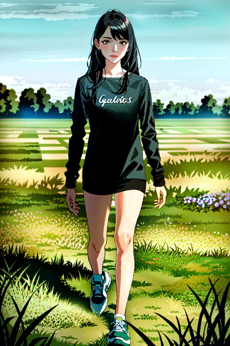 extremely detailed illustration of a asian girl, black straight hair, full body, wearing running shoes, standing on a grass field, tone mapped, highly detailed, beautiful, small details, ultra detailed, best quality, intricate, hyperrealism, sharp, digital illustration, detailed, realism, 4k, 8k, trending on artstation, good anatomy, beautiful lighting, award-winning, photorealistic, realistic shadows, realistic lighting, raytracing, intricate details, rule of thirds, masterpiece, (illustration:1.1), highres, (colorful:0.9), beautiful face, highly detailed face, cinematic lighting, volumetric lighting, ultra realistic, masterpiece, extremely detailed, tight fit long sleeved shirt, shadows, guweiz, nixeu, wlop, voluptous