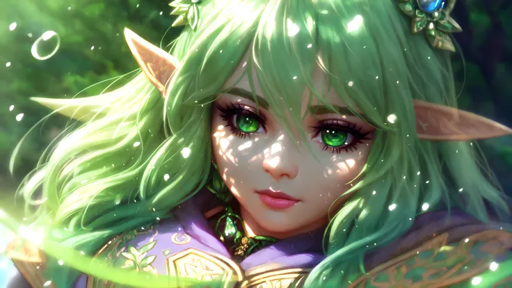 Realistic role-playing face portrait painting of a beautiful rpg druid, elf with green skin, pastel color, intricate details, fantasy, universe, intricate magical embroidery, very detail hair, very detail eyes, intense face, [elden ring|d &amp; d] concept art, rpg portrait, octane render, cinematic lighting, (soft shadow:1.2), close up, depth of field, splash art