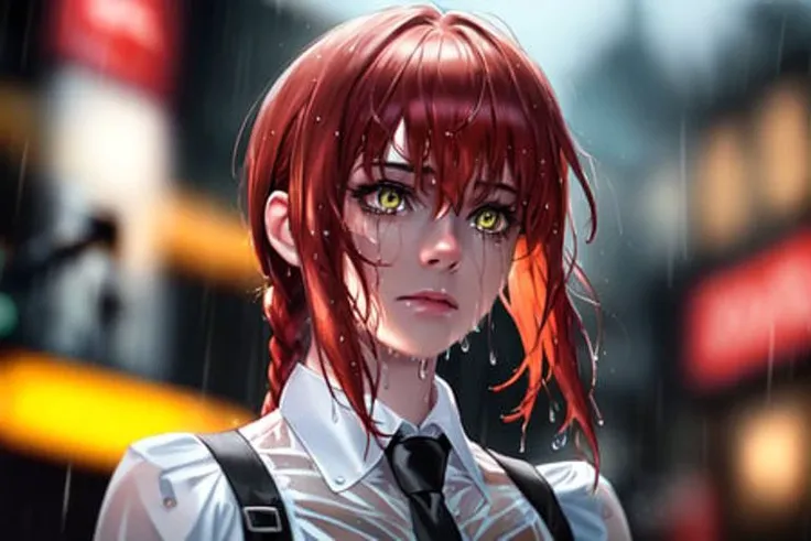 (highres:1.1), best quality, (masterpiece:1.3), corneo_makima, yellow ringed_eyes, corneo_runny_makeup, beautiful lighting, intricate (high detail:1.2), 1girl, medium breasts, multicolor, cowboy shot, contrapposto, building, background building, ((rain)), raindrop , highres, superb, 8k wallpaper, extremely detailed, unreal engine 5, volumetric lighting, realistic, realistic lighting, cinematic, cinematic lighting, 8k, depth of field, 3d, masterpiece, perfect, award-winning, photorealistic, ultra realistic, realistic light, hard lighting, intricate details, stop motion, hyperfocus, tonemapping, sharp focus, detailed eyes, (glowing_eye:1.2), (white shirt, collared shirt, black necktie), wet, formal, ((bokeh, water)) ((face_portrait:1.2)), (duality_style:0.3), (line_style:1), (minimal_gradient:0.7), (nixeu_basic2:0.7), (nixeu_extra:0.7),(nixeu_soft:0.7),(nixeu_white:0.7), (dark_fantasy:1), (flame_surge_style:1), colorful, beautiful, colorful, vibrant colors, elegant, tonemapping, hyperfocus, sharp focus, shiny, realism, [colorful], [volumetric lighting], luxurious, ray tracing, depth of field, octane render, small gold particles, best_quality, good_anatomy, fit, superb, limited palette, (freckles:0.5), small details, red, black, white, gold, 3d, realistic,  depth of field 3d, masterpiece, perfect, award-winning,hyper-detailed, hyperfocus, tonemapping, sharp focus, scary,