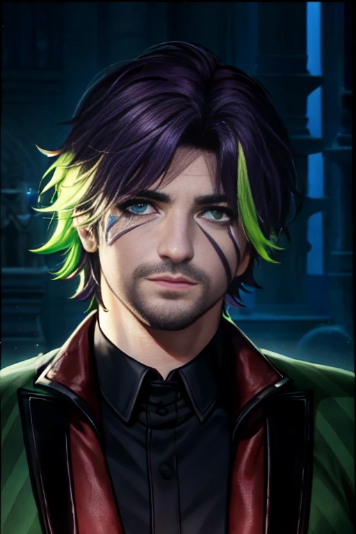 tarot card, celtic border, vivid colors, alex brightman, broadway star, masculine, beetlejuice,male_focus,bright green eyes,stubble,scarred face,emet selch, ffxiv, hades, brown hair,purple green and pink streaks,trading card overlay, ,solo, rim lighting, stage background,octane render, frost_engine_3,wlop