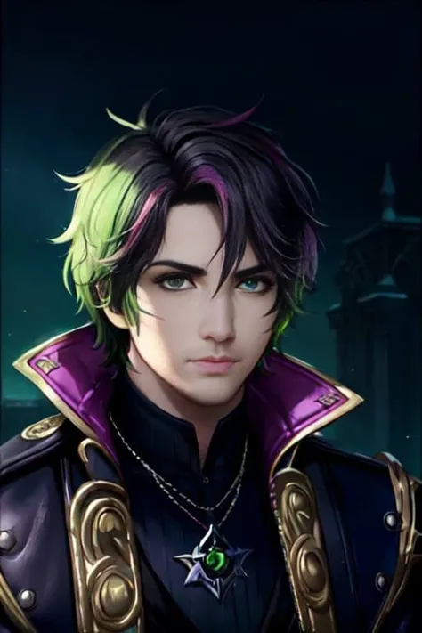 tarot card, celtic border, vivid colors, alex brightman, broadway star, masculine, beetlejuice,male_focus,bright green eyes,stubble,scarred face,emet selch, ffxiv, hades, brown hair,purple green and pink streaks,trading card overlay, ,solo, rim lighting, stage background,octane render, frost_engine_3,wlop