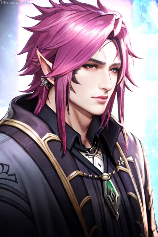 tarot card, celtic border, vivid colors, hideto matsumoto, japanese, masculine, beetlejuice,male_focus,emet selch, ffxiv, hades, vivid pink and black hair,trading card overlay, ,solo, rim lighting, stage background,octane render, frost_engine_3,wlop