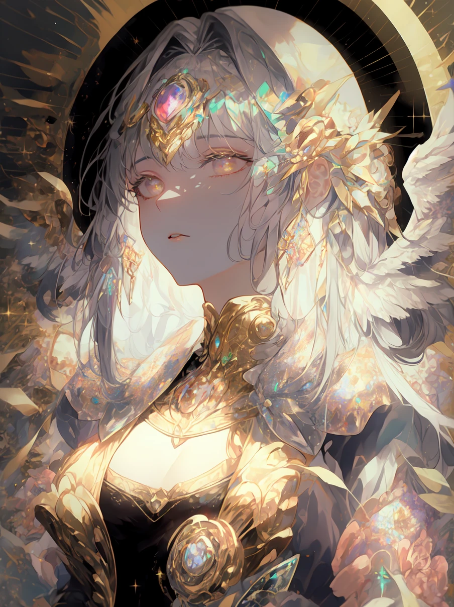 mature_female, YorForger, jewelry, looking at the viewer, hollow, abyss, church, catholic, angel,fairy,universe, glitter, holo, mary, glint, gradient, overlay, shadow, grand, flowers, sparkle flowers, golden hair, (wings), full body, midriff, shirt, red eyes, hips, navel, sidelocks, golden heels, fog, pink rose, red rose, rosemary, parrot, green wings, water, hair, horns, lips out, galaxy eyes, flowers, garden