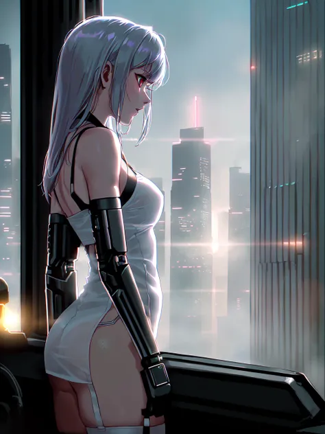 Dystopian, [sci-fi], High Detail RAW color Photo, Full Shot, ((cute female arterial intelligence, wearing see-through white chemise), outdoors, standing, on overlook, looking out at sprawling cyberpunk city skyline), toned physique, large ass, (pale skin), (cybernetic implants:1.2), (augmentations), (cyborg:1.1), (detailed skin, diffused skin pores), silicone, metal, (highly detailed, fine details, intricate), (lens flare:0.5)::(bloom:0.5), smog, dust, (badlands:0.8), (observitory:0.7), raytracing, specular lighting, shallow depth of field, photographed on a Canon EOS 5D, 75mm lens, f/2.8, hard focus, smooth, cinematic film still from Blade Runner 2049, [Cyberpunk:Orwelian:45]