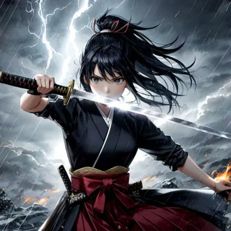a samurai girl, ponytail, hakama, fighting stance, katana, cursed sword, stormy weather, flames, serious expression