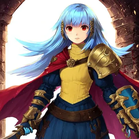 sle,  masterpiece, best quality, ultra-detailed, illustration, 1girl, beautiful detailed eyes,  (Final Fantasy Tactics \(style\):1.5), white hair, multicolored hair, (cyan hair:1.3), very long hair, blunt bangs, red eyes, shoulder armor, cape, lance, complimentary colors, weapon, holding weapon, abandoned church, extremely detailed background,