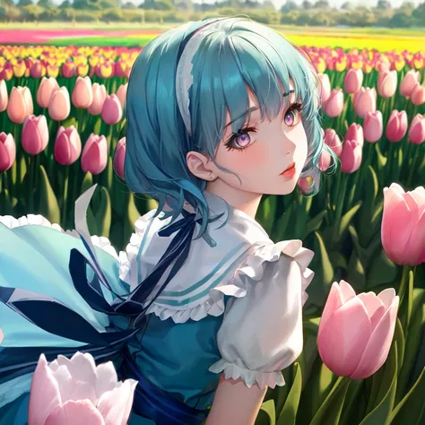 1girl, blue hair, pink eyes, (alice in wonderland \(style\):1.2), green field, tulips, classical literary illustration, (masterpiece:1.2), (best quality:1.2), Amazing, highly detailed, beautiful, finely detail, Depth of field, extremely detailed CG unity 8k wallpaper,
