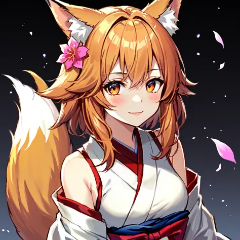 masterpiece, best quality, highly detailed, 1girl, solo, (:3:0.9), animal ear fluff, animal ears, orange hair, fluffy hair, blush, brown eyes, flower, fox ears, fox girl, gradient, gradient background, hair flower, hair ornament, japanese clothes, kimono, looking at viewer, miko, smile, solo, white kimono, beautiful lighting, (Lovis Corinth:1.3)