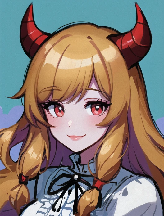 (masterpiece, beautiful, highres), illustration, 1girl, solo, (((cartoon style: 1))), (western cartoon), demon girl with horns standing in a meadow, meadow background, portrait, smiling, blonde braided long hair, cute, pink lips, red eyes, young adult, white frilled dress, clear sky, fluffy clouds, red hue skin, medium breast, looking at viewer, bright colors, daytime, ((front facing: 3)), (full lips: 2), closed mouth, thick lineart: 0.6