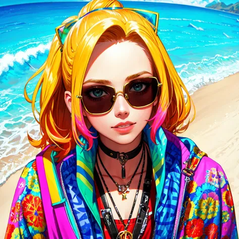 party on the beach, wearing sunglasses, radical, 90s style, colorful, psychedelic, out of control, tubular, groovy, surf rock style, wave, 9k, hyperdetailed, golden ratio, trending on artstation, metaphysical art, alcohol ink