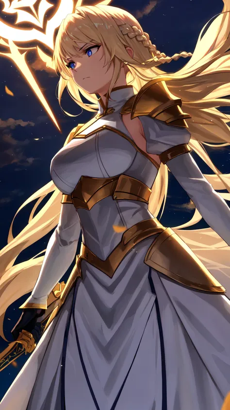 (Female:1.2) Resplendent in her holy white armor trimmed with gleaming gold, she brandished dual swords that shone like beacons. Her blonde hair, tightly braided, flowed down her back, and her form radiated a powerful fighting spirit. Her piercing gaze, from eyes with Dual Pupils, was focused and determined as she stood at the ready, prepared to defend what was right.