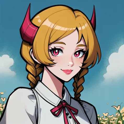 (masterpiece, beautiful, highres), illustration, 1girl, solo, (((cartoon style: 1))), (western cartoon), demon girl with horns standing in a meadow, meadow background, portrait, smiling, blonde braided  long hair, cute, pink lips, red eyes, young adult, white frilled dress, clear sky, fluffy clouds, red hue skin, medium breast, looking at viewer, bright colors, daytime, ((front facing: 3)), (full lips: 2), closed mouth, thick lineart: 0.7, upper body focus