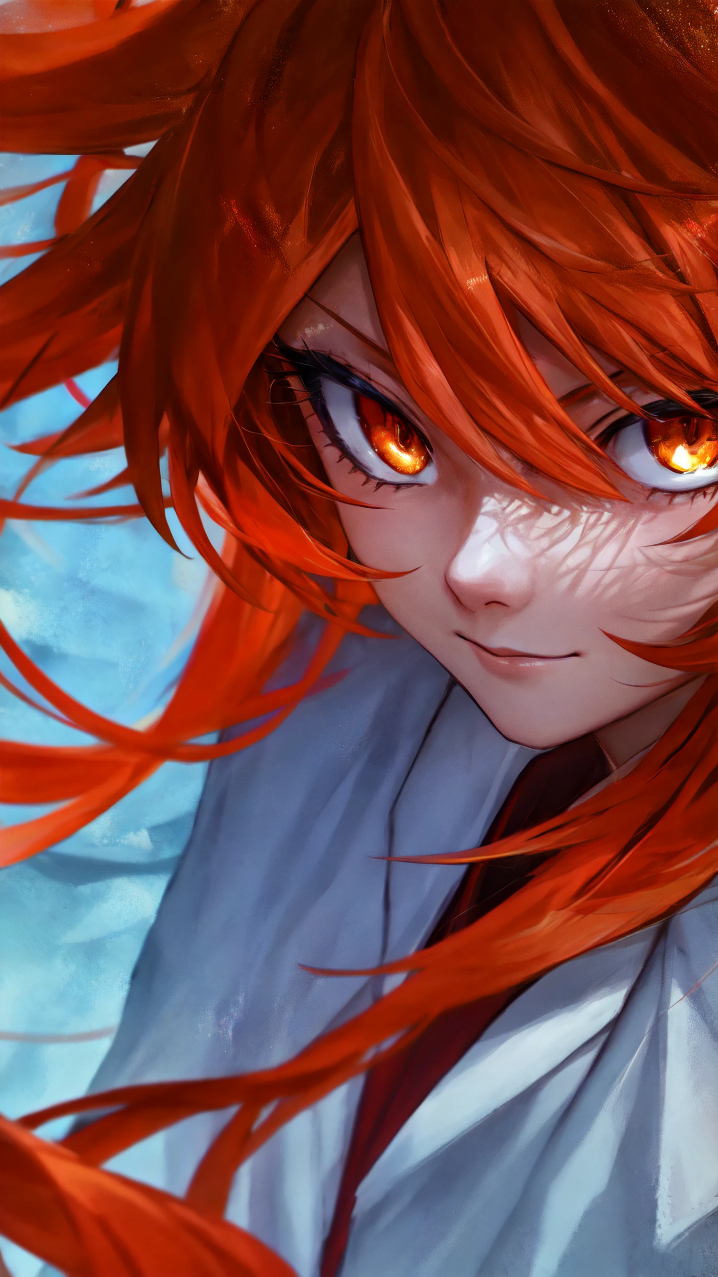 (male:1.2), Close up, adult face, (Face_focus:1.2), sharp eyes, orange eyes, orange hair, long hair,
(glowing_eye:0.4), (anime\_screencap:1.0), (semi-style:1.2), (pixel-style:0.1), (detailed)
upper body shot, man with unique power, dream creator, posing, looking forward, ((white and blue robe)),