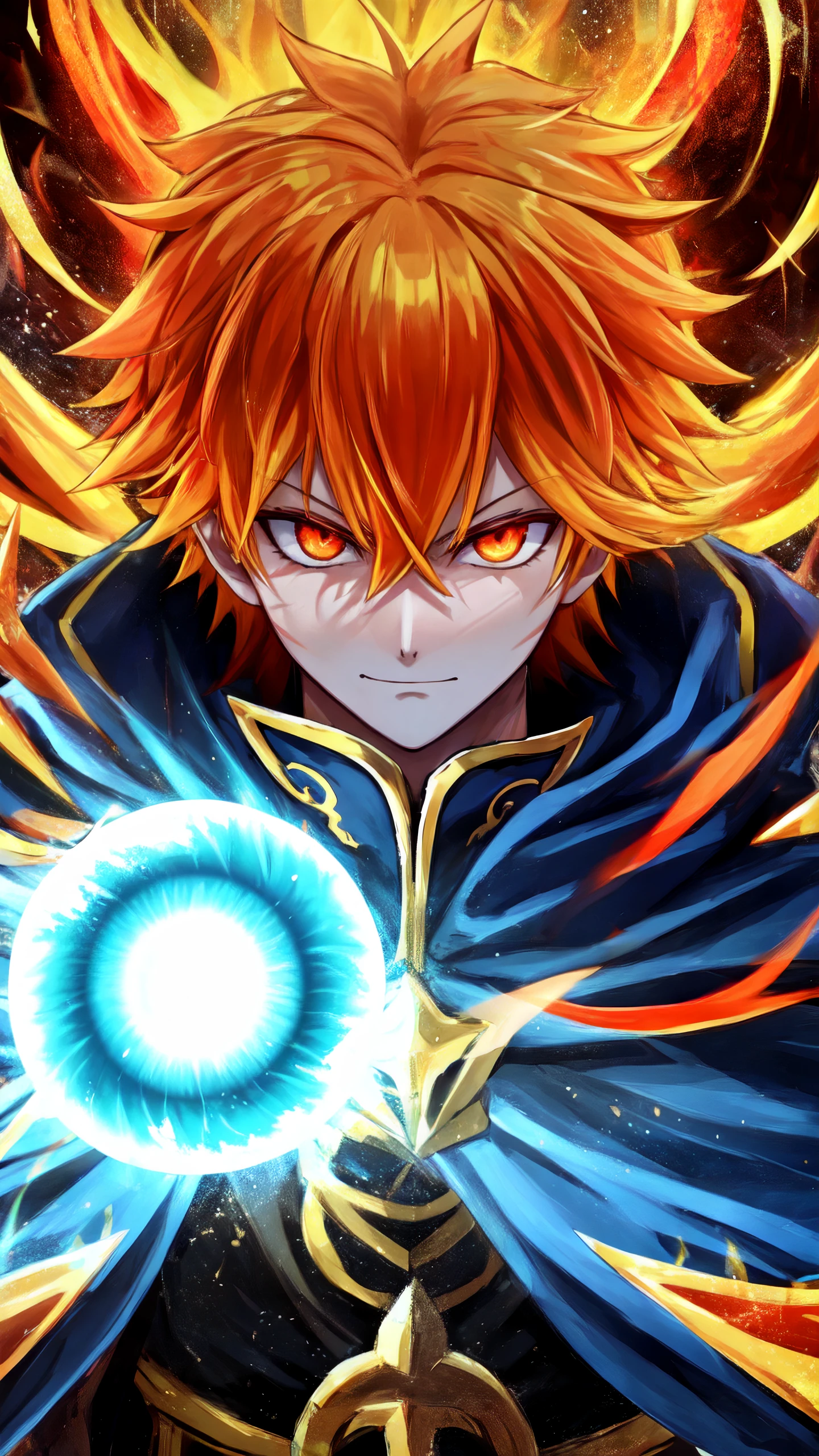 (male:1.2), adult face, symmetrical face, sharp eyes, orange eyes, long yellow orange hair, man with unique power, dream power, (wearing a blue cloak), (glowing_eye: 1.1), alone, energy around him
(anime_style:1.1), (semi-style:1.0), (pixel-style:0.2), (detailed)
(Face_focus:1.2), Close up shot, upper body shot, posing, looking forward,