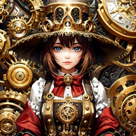 1girl, clockwork automaton, steampunk, workshop, by Glenn Fabry